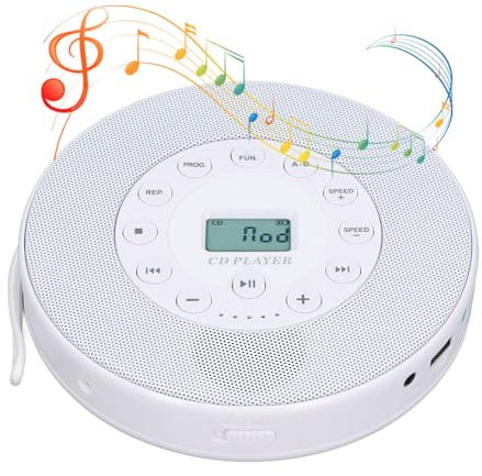 Bärbar Bluetooth-CD-spelare med högtalare, anti-skip-CD-spelare för bilen, MP3-kompatibilitet, stöder USB, integrerad mikrofon (vit)