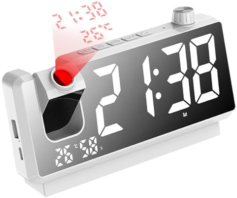 Projektionsväckarklocka, digital klocka med 180° roterbar projektor, LED-spegelklocka med projektion i taket, USB-laddare, projektorväckarklocka för vardagsrummet i sovrummet