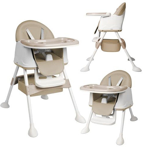 NAIZY Seggiolone per bambini, 3 in 1, multifunzione, con cintura di sicurezza a 5 punti, doppio vassoio e cuscino rimovibile, colore: beige