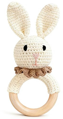 Baby Rattle Toys, Handcrafted Crochet Bunny Rattles with Wooden Teething Ring, Organic Newborn Toy Crochet Stuffed Animal Rattle Baby Announcement Ideas, Beige