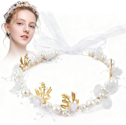 Nymora Corona de Flores para el Cabello con Perlas, Corona de Novia con Flores y Banda de Velo, Diadema para Boda y Comunión, Color Blanco, 1 Pieza