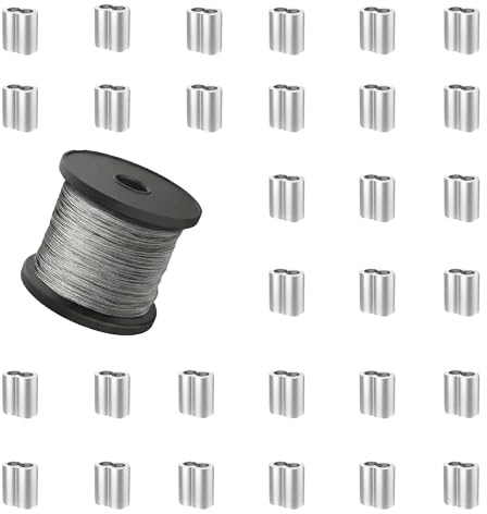 30 m 7 x 7 cable de alambre de acero inoxidable, cable de acero inoxidable recubierto de vinilo, hilos de acero inoxidable con 30 casquillos para colgar cortinas, fotos, luces, espejos, plata (1 mm)