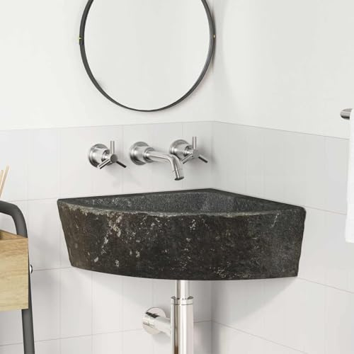 Lavabo grigio in pietra fiume, 45 x 45 x 15 cm, da parete ad angolo, per bagno e giardino, robusto lavabo in pietra naturale con design rustico