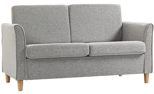 HOMCOM 2 Seater Sofa, Compact Loveseat, Linen Upholstered Couch with Wood Legs and Armrest, Small Sofa for Living Room and Home Office Light Grey