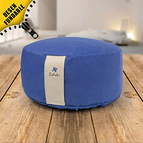 ZAFUKI Zafu Redondo DESENFUNDABLE Cilindro - Cojín Meditación y Yoga Mindfulness - Relleno cáscara espelta (Azul Laguna)