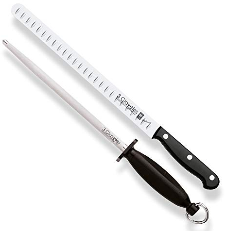 3 Claveles ensemble de couteau à jambon + lame alvéolée pour faciliter la coupe de 30 cm + aiguiseur professionnel de 25 cm pour fixer