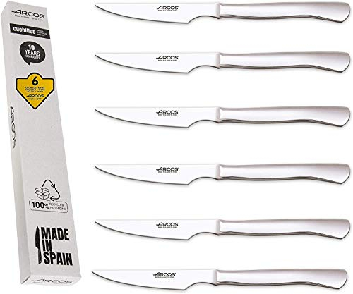 Arcos Lot de 6 couteaux à steak classiques avec manche plat Monobock Lame de 110 mm Couverts en acier inoxydable Boîte écologique (fil lisse)