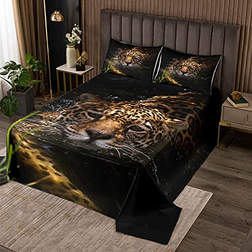 Homemissing Leopard Steppdecke Wilder Leopard Tagesdecke 220x240cm für Kinder Jungen Jugend Mann Safari Wildtier Dekor Bettüberwurf 3D Tier Tierwelt Wohndecke 3St