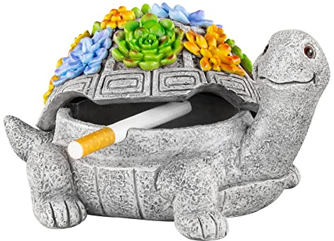 LESES Ashtray, Outdoor Ashtray with Lid Smokeless Waterproof Ash Tray with Cute Turtle Decor, Resin Ashtrays for Cigarettes Home Office, Porch Patio Decorations Indoor
