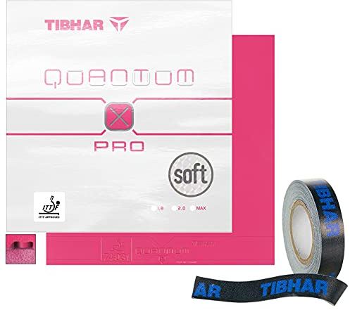 Tibhar Tischtennis-Belag bunt Quantum X Pro Soft & Kantenband | pinkes Obergummi | Härtegrad: 42,5 | Pinker, feinporiger Schwamm (pink - max)
