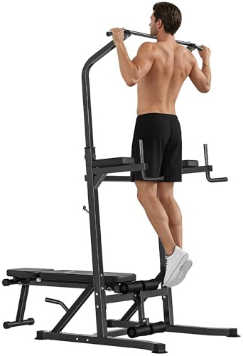 HOMCOM Estación de Musculación Torre de Entrenamiento Altura Ajustable con Barra de Dominadas y Banco Plegable para Fitness en Casa Gimnasio Carga 150 kg 99x178x230 cm Negro