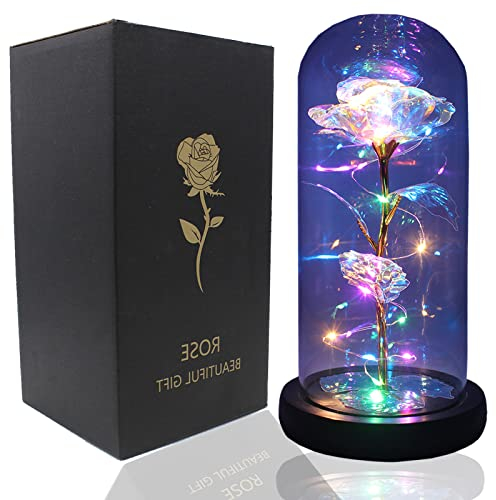 Timisea Luxury Galaxy Rose Flower Gift in Glass Dome with LED Light String for Her, Romantic Gifts Infinity Shines Enchanted Rose on Valentine's Mother's Day Xmas Birthday Wedding Anniversary