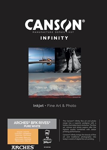 CANSON Infinity ARCHES BFK Rives Pure White - Tirage papier Fine Art ARCHES - Boîte de 25 feuilles A3 - Grain Fin - Blanc pur - 310g/m131