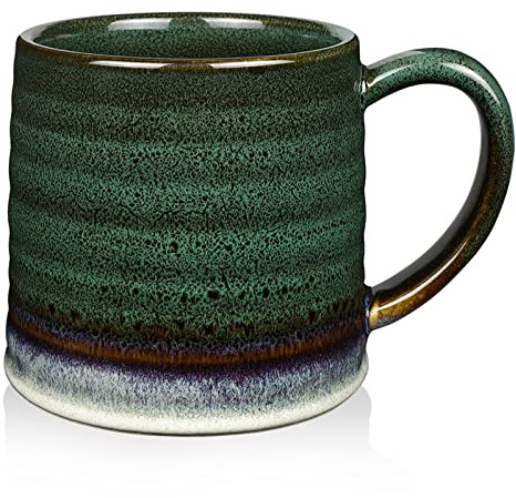 SECELES 500ml Large Ceramic Coffee Mugs for Home Office, 18 Oz Handmade Kiln Change Glaze Tea Cups for Coffee Cocoa Milk Tea Water Drink, Microwave Dishwasher Oven Freezer Safe (Ink Green)