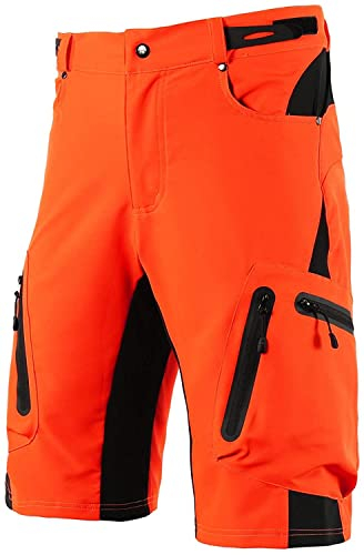 FASCINATDECO Pantaloncini MTB Uomo, Pantaloncini Ciclismo Biciclette con 3D Cuscino, Bici MTB Pantaloni Loose Traspirante Shorts per Ciclismo da Corsa All'aperto (Orange,XXL)