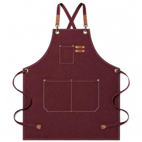 jiuzcare Köksförkläden 68 x 76 cm justerbar grillförkläde med 3 fickor förkläde för män kvinnor korsade remmar för grill, restaurang, trädgård, grill, kaffe, röd