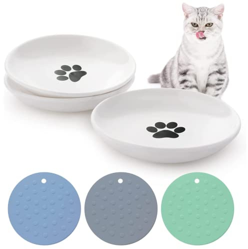 Ceramic Cat Food Plates: Wide, Shallow Bowls for Kittens & Small Animals, Non-Slip Mat for Whisker Fatigue Relief