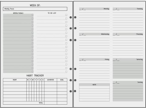 Undated A5 Diary Week to View Refill - 1 Week on 2 Pages, Section with To Do List, Goals & Habit Tracker, Extra Notes, Contact Pages, Weekly Planner Insert for A5 Binder, Thicker Paper 100 gsm, UK