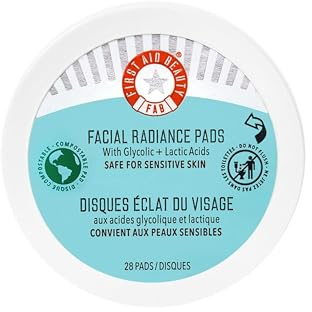 First Aid Beauty - Facial Radiance Pads with Glycolic & Lactic Acids, Daily Exfoliating Pads with AHA, Visibly Smaller Pores, Help Tone & Brighten Skin, One-Step Makeup Prep, Compostable, 28