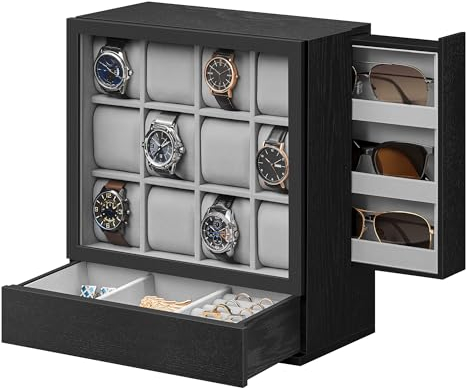 SONGMICS Uhrenbox 12 Fächer, Uhrenkasten mit Fenster, Uhren-Präsentation, Massivholzfurnier, Samtfutter, vertikale Aufbewahrung, platzsparend, Geschenkidee, ebenholzschwarz JOW014B01
