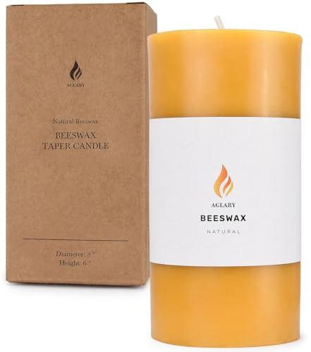 AGLARY 3x 6 Large Beeswax Pillar Candle, Made of Pure Natural Beeswax, with Ultra Long Burning Time and Low Allergenicity-Raw，82H