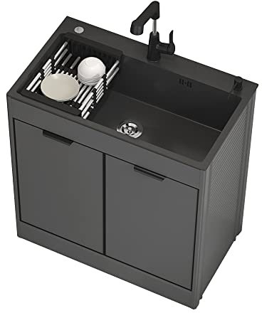 Évier Utilitaire à cuve Unique sur Pied Noir, évier de Cuisine de Restaurant Commercial, vanité de Salle de Bain avec évier, Ensemble d'armoires murales, lavabo à Main avec Doubles étagères