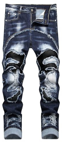 Baylvn Jeans da Uomo Dritti Slim Fit Patchwork Comfort Skinny Biker Denim Pantaloni, 3860 Blu Navy, 52