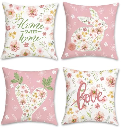 Bonhause 4er Set Kissenbezüge Blumen Hase 45 x 45 cm Karotte Blätter Rosa Dekorative Kissenhülle Zierkissenbezüge für Sofa Zuhause Garten Ostern Frühling Dekoration