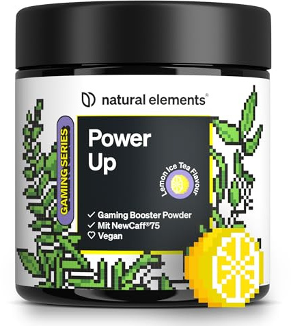 natural elements Power Up Lemon Ice Tea – Gaming Booster mit Koffein, NewCaff75, B-Vitaminen, Vitamin C, L-Tyrosin, Ginkgo- und Grüntee-Extrakt – 40 Drinks – vegan, hochdosiert, mit Stevia