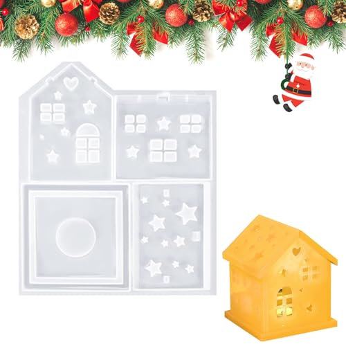 Zueyen 4 Stück Silikonformen Gießform Haus, 3D Silikonformen Gießformen Weihnachten, Silikonform Häuser für Sojawachs Kerzen, Seife, Gips, Handwerk (Stern)