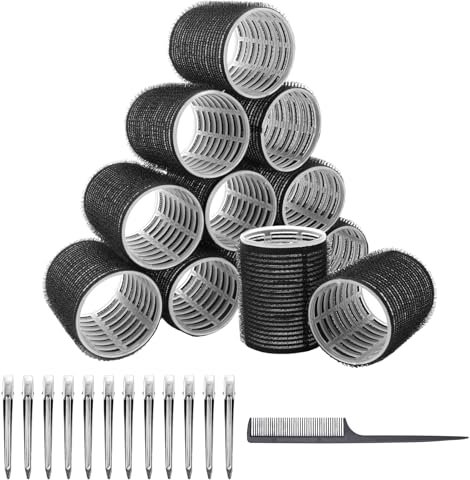 UVVRUR Set di 24 bigodini adesivi grandi con 12 clip a becco d'anatra per tutte le lunghezze dei capelli (nero, M)