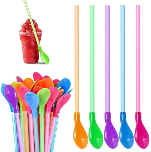 15 Pcs Plastic Straws, Slush Straws, Colored Straw Spoon 2 in 1, Reusable Straws, Reusable Straws Spoon Suitable for Smoothies Milkshakes Coffee Cocktail