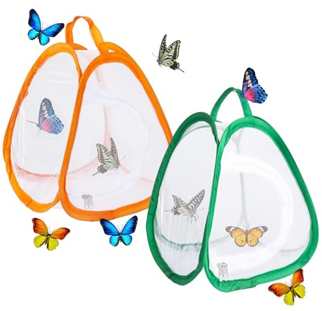 2 jaulas de malla de mariposa para niños, casa de mariposas con cremallera, jaula portátil de hábitat de mariposa para principiantes (verde, naranja)