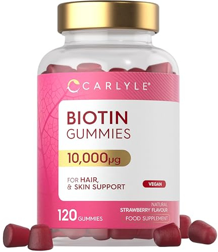 Biotin Hair Growth Gummies 10,000mcg | 120 Count | Vitamin B7 | High Strength Supplement for Hair and Skin Support | Strawberry Flavour | Vegan | By Carlyle