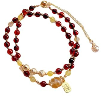 NAFEIMILUN Braccialetto Donna Bracciale Doppio Cerchio Da Donna In Ambra Rossa Naturale Con Cristalli Di Cera D'Api 4-5mm