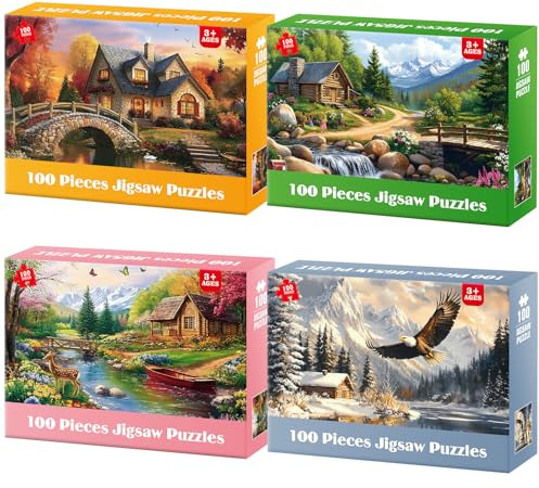 Ciavotie 4-Pack 100 Piece Puzzles for Seniors Country Life Large Piece Puzzles for Seniors Puzzle Dementia Alzheimer's Products Activities for Elderly Adults Kids Puzzle for Kids Ages 6-8 8-10