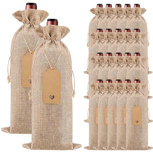 24PCS Burlap Wine Bags, Wine Gift Bag with Drawstrings Tags, Wine Bottle Gift Bags, Reusable Wine Bottle Covers for Wedding Birthday Blind Tastings Christmas Travel Party Home Storage (Brown, 36*16cm)