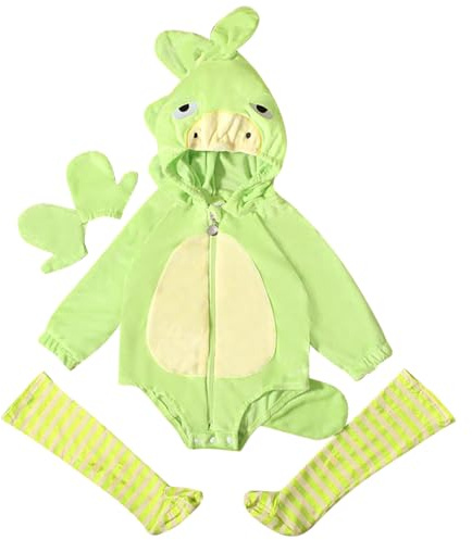 QJDFLL Newborn Infant Baby Costumes Girl Boy Outfits Long Sleeve Bodysuit Clothes Hooded Romper with Socks Gloves Cosplay(Green,12-18 Months)