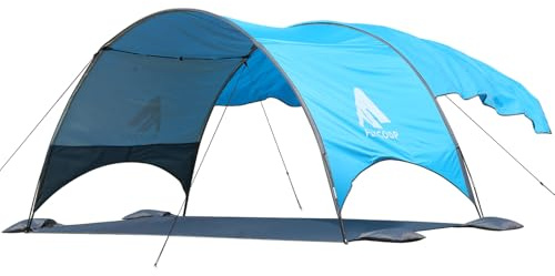 Flycoop 2026 Upgraded Beach Umbrella Canopy with UPF 50+ UV Protection – Portable Beach Tent for Sun, 360° Ventilation, 4 Sandbags, Dual Pockets, Stakes & Ropes (106 * 65 * 62+75*98 Sail)