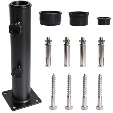 Bubuny Soporte Sombrilla Ajustable de Acero Inoxidable con 3 Anillos Reductores PVC Ø32/38/48 mm, Base para Sombrilla con 8 Clavos de Acero, Tubo Fijación para Jardín Patio Playa Balcón Exterior