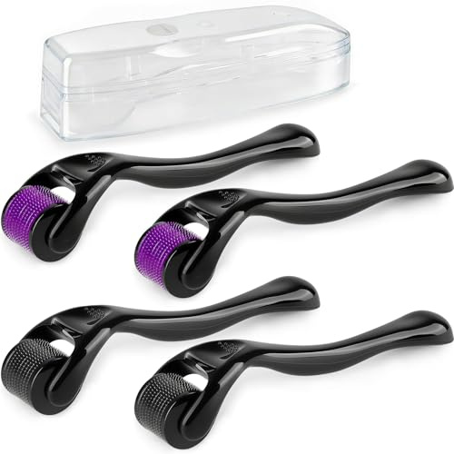 Derma Roller Cabello 4Pcs, 0.5mm y 1mm Dermaroller Facial, Derma Stamp Manual con 540 Agujas Titanio, Agujas Dermapen para Cara Barba y Cuero Cabelludo, Uso Doméstico | Regalo Día Del Padre