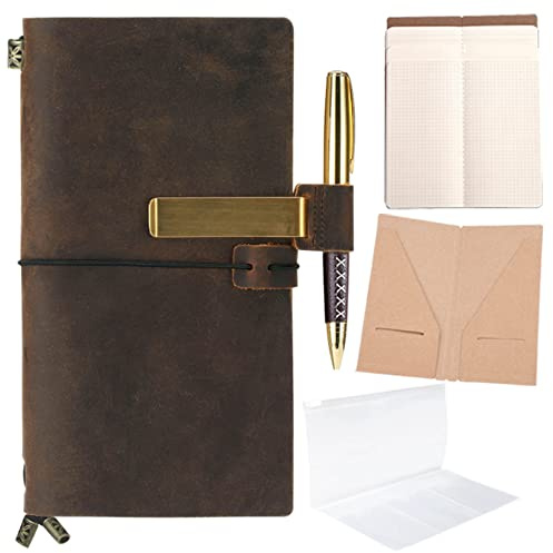 Carnet de Voyage en Cuir Carnet de Notes Rechargeable Journal Intime Bullet Journal Utile pour Voyage Vintage Antique Agenda Vrai Cuir Journal de Voyage Pour Homme & Femme Notes Croquis Dessin 22x11cm