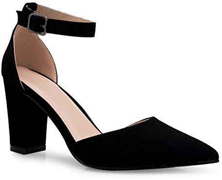 Olivia K Women's Sexy D'Orsay Ankle Strap Pointed Toe Block Heel Pump - Classic, Comfortable (7,Black Nubuck**, Numeric_7)