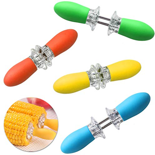 Nuoshen, 4 paia di supporti per pannocchie, spiedini per pannocchie, in acciaio inox, con manico in silicone