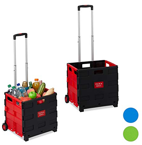2 Carritos Compra Plegables, 2 Ruedas, Cajas Transporte, hasta 35 kg, 98 x 45,5 x 37 cm, Plástico-Aluminio, Rojo
