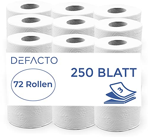 Defacto Komfort-Toilettenpapier 3-lagig Zellstoff Weiß weich und reißfest, hygienisch, nachhaltig, umweltfreundlich, plastikfrei und aus hochwertigem Zellstoff mit FSC®-Lizenz 72 Rollen 250 Blatt