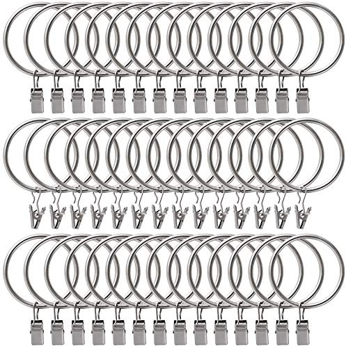 44 Pack Curtain Rings with Clips Hooks 1.5 inch Rustproof Matte Metal Stainless Steel Drapery Rings for Tension Rod Bracket Eyelets Decorative Hangers, Matte Silver (1.5 Interior Diameter)