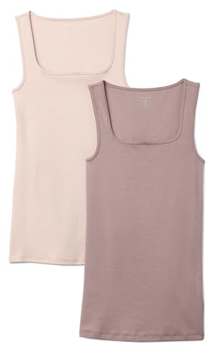 Amazon Essentials Canotta con Scollo Quadrato, vestibilità Aderente Donna, Pacco da 2, Beige Chiaro/Grigio Talpa Scuro, S