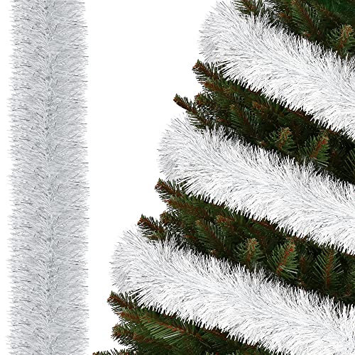 SPRINGOS Guirlande pour Sapin de Noël Bicolore Blanc Argenté 7 cm x 6 m - Boa Décoratif pour Arbre de Noël
