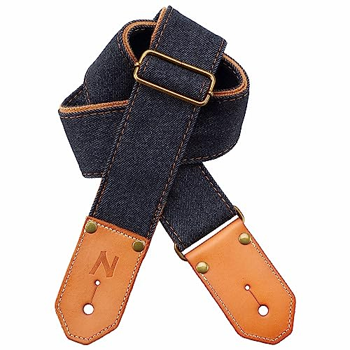 Nefelibata Gitarrengurt, Schwarzer Denim Gitarrengurt mit verdickter erster Schicht aus pflanzlich gegerbtem Rindsleder für Akustik-, Bass- und Elektrogitarre, Geschenk für Gitarristen und Musiker